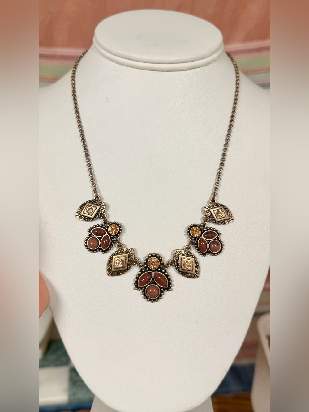 Antique Gold-Tone Floral Pendant Necklace with Brown and Amber Stones